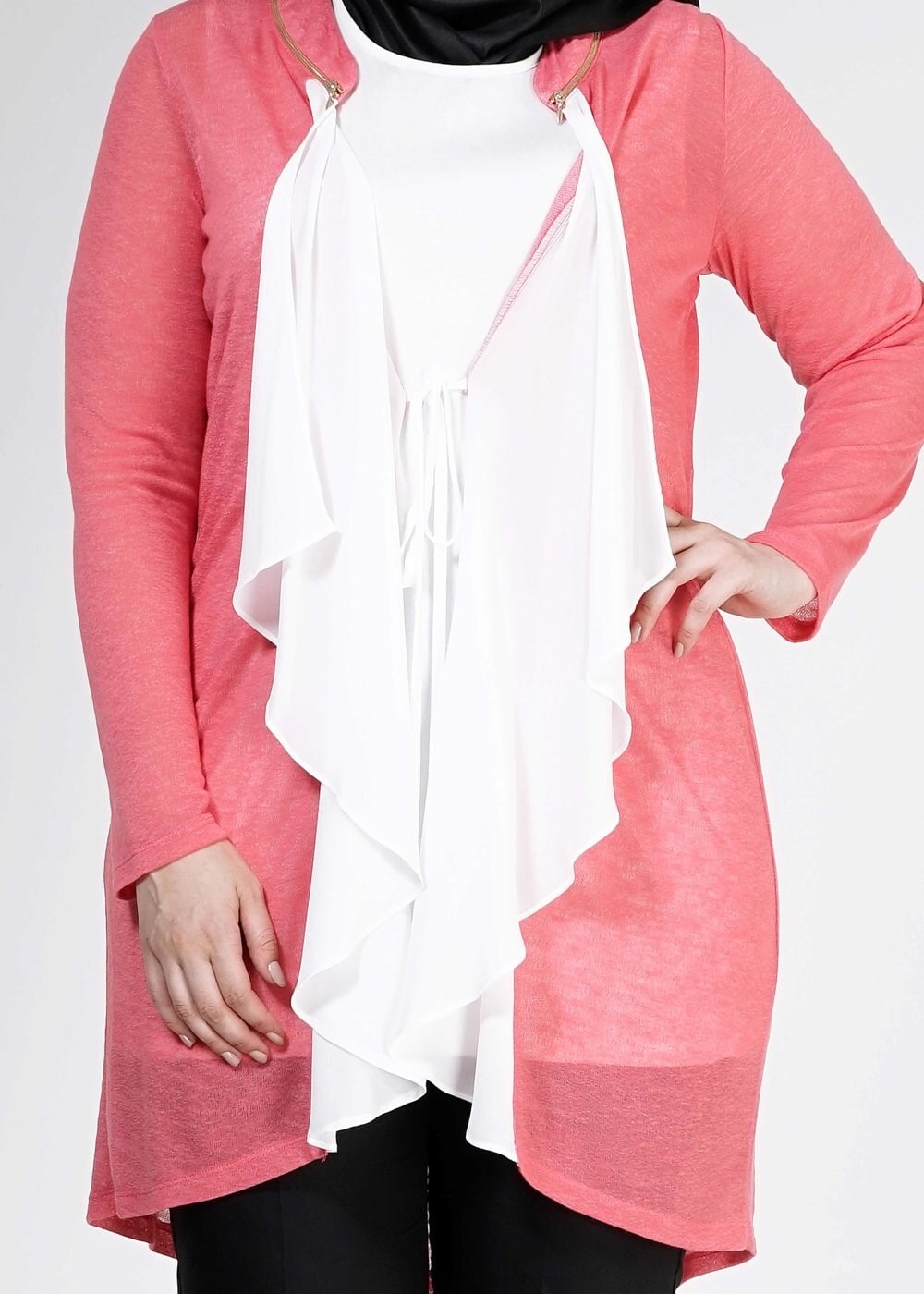 Tesettür giyim MERCAN FIRFIR DETAYLI İKİLİ TUNİK 2514