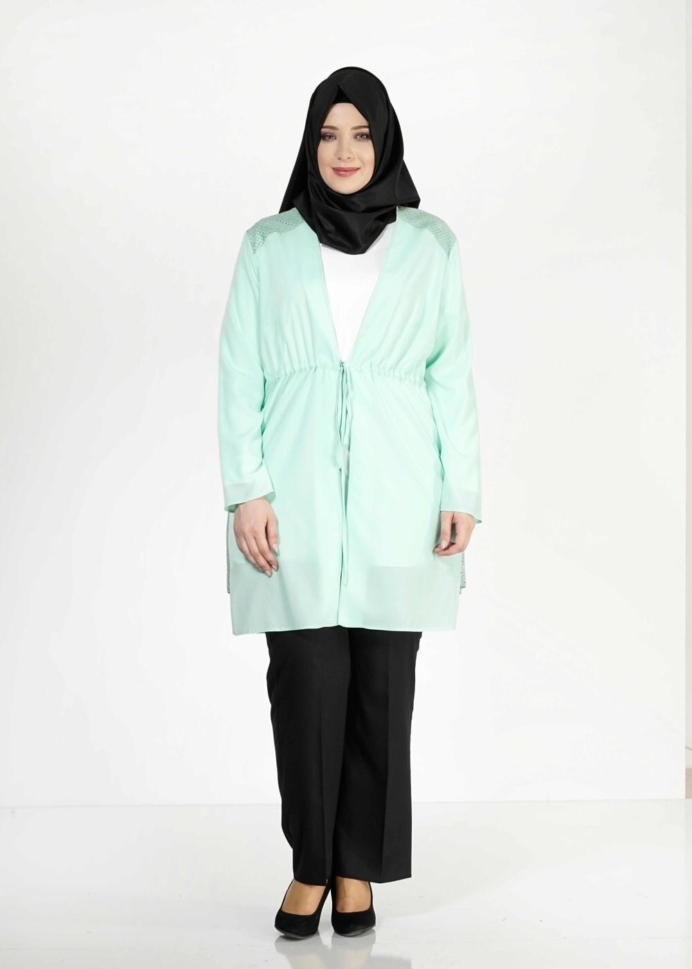 Tesettür giyim YEŞİL BELİ BÜZGÜLÜ TUNİK 2516