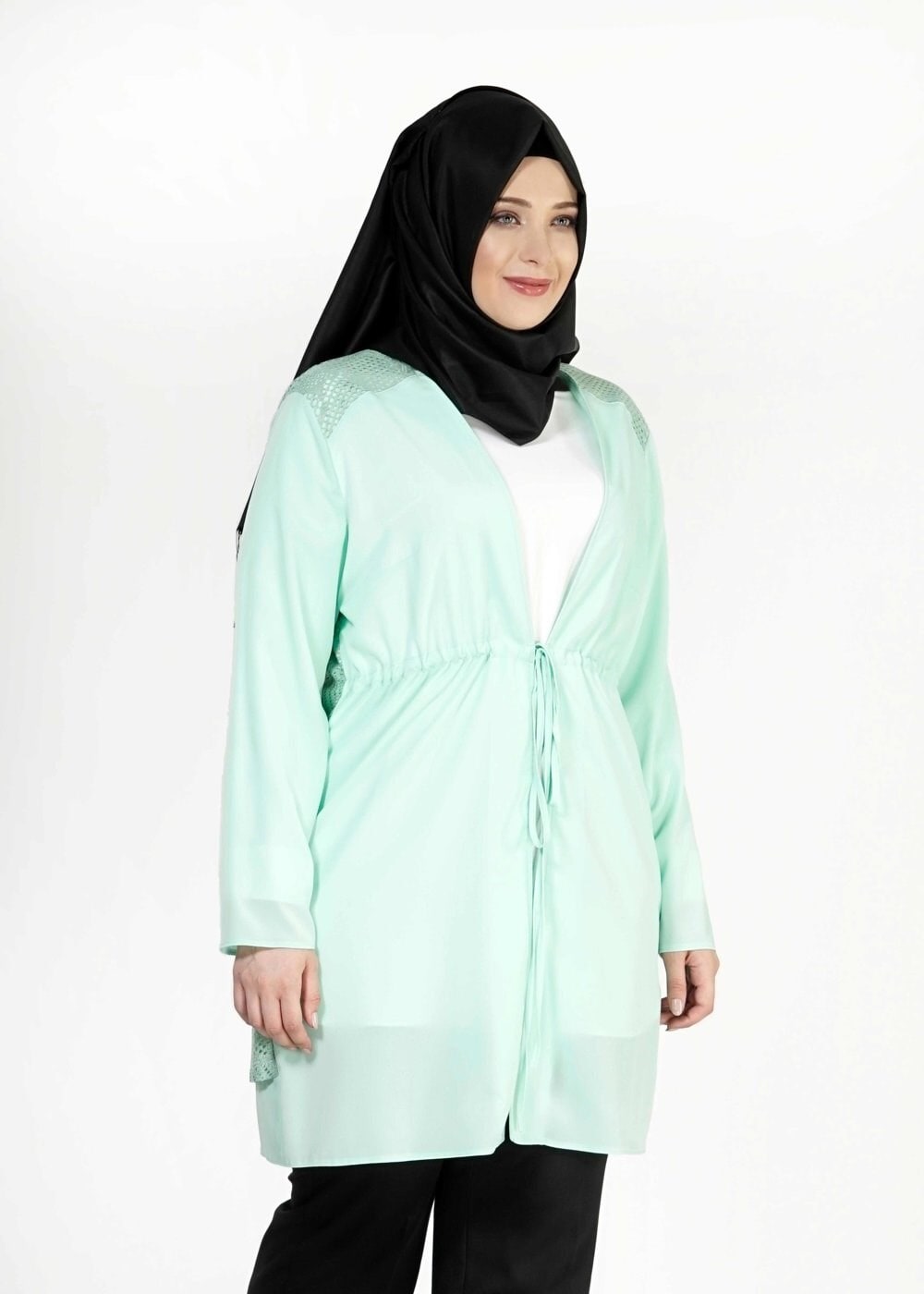 Tesettür giyim YEŞİL BELİ BÜZGÜLÜ TUNİK 2516