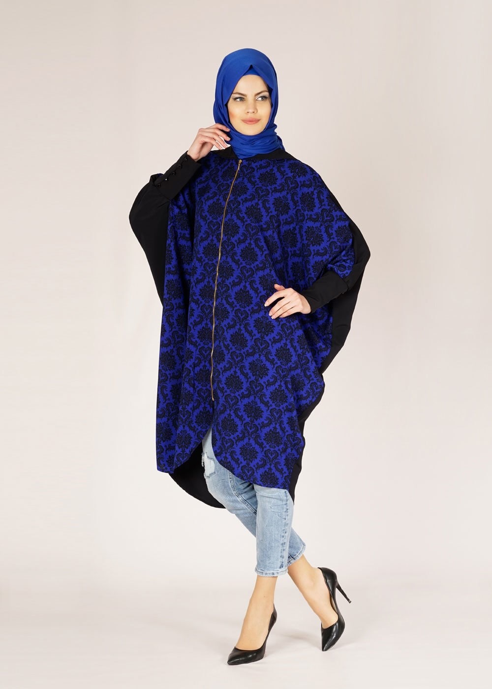 Tesettür giyim LACİVERT  DESENLİ KAPÜŞONLU TUNİK 4493
