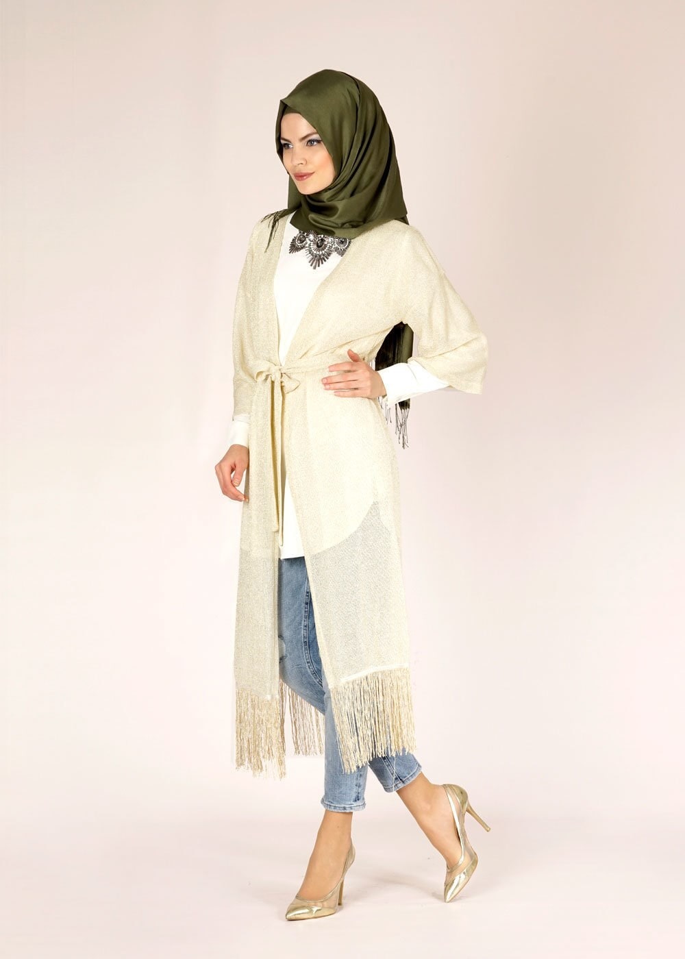 Tesettür giyim EKRU PÜSKÜL DETAYLI TUNİK 4577