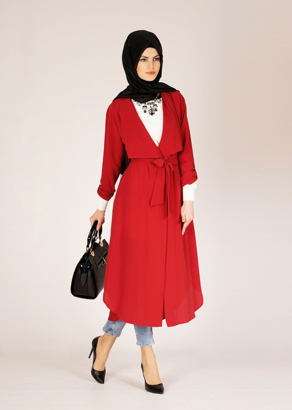 Tesettür giyim KIRMIZI UZUN TESETTÜR TUNİK 4583 