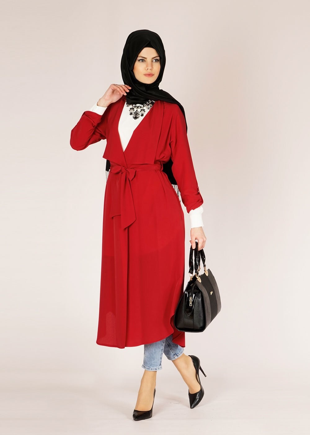 Tesettür giyim KIRMIZI UZUN TESETTÜR TUNİK 4583 