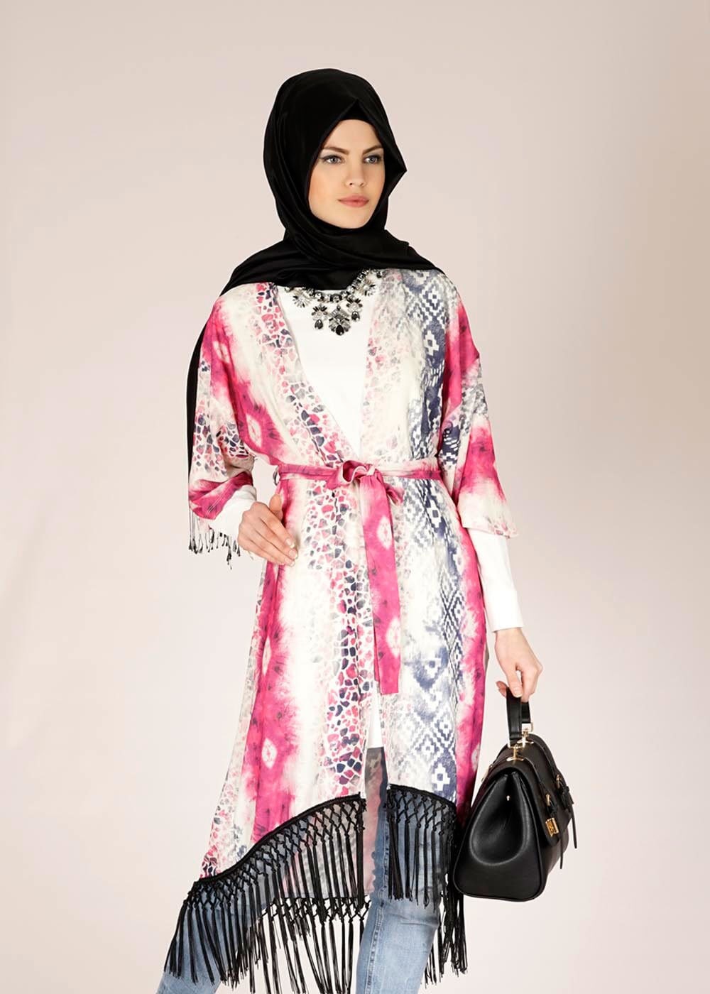 Tesettür giyim FUŞYA DESENLİ PÜSKÜLLÜ TUNİK 4584