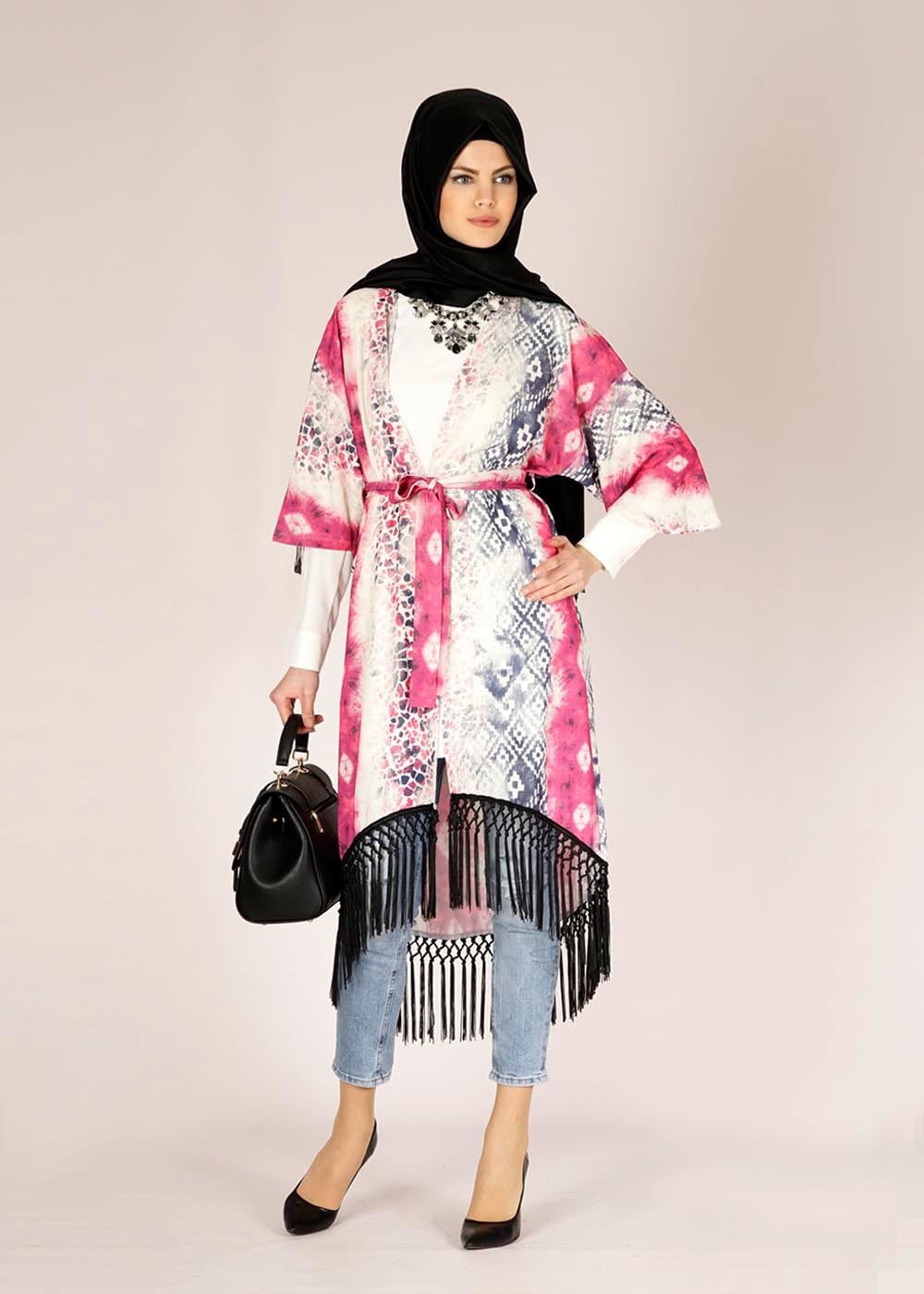 Tesettür giyim FUŞYA DESENLİ PÜSKÜLLÜ TUNİK 4584