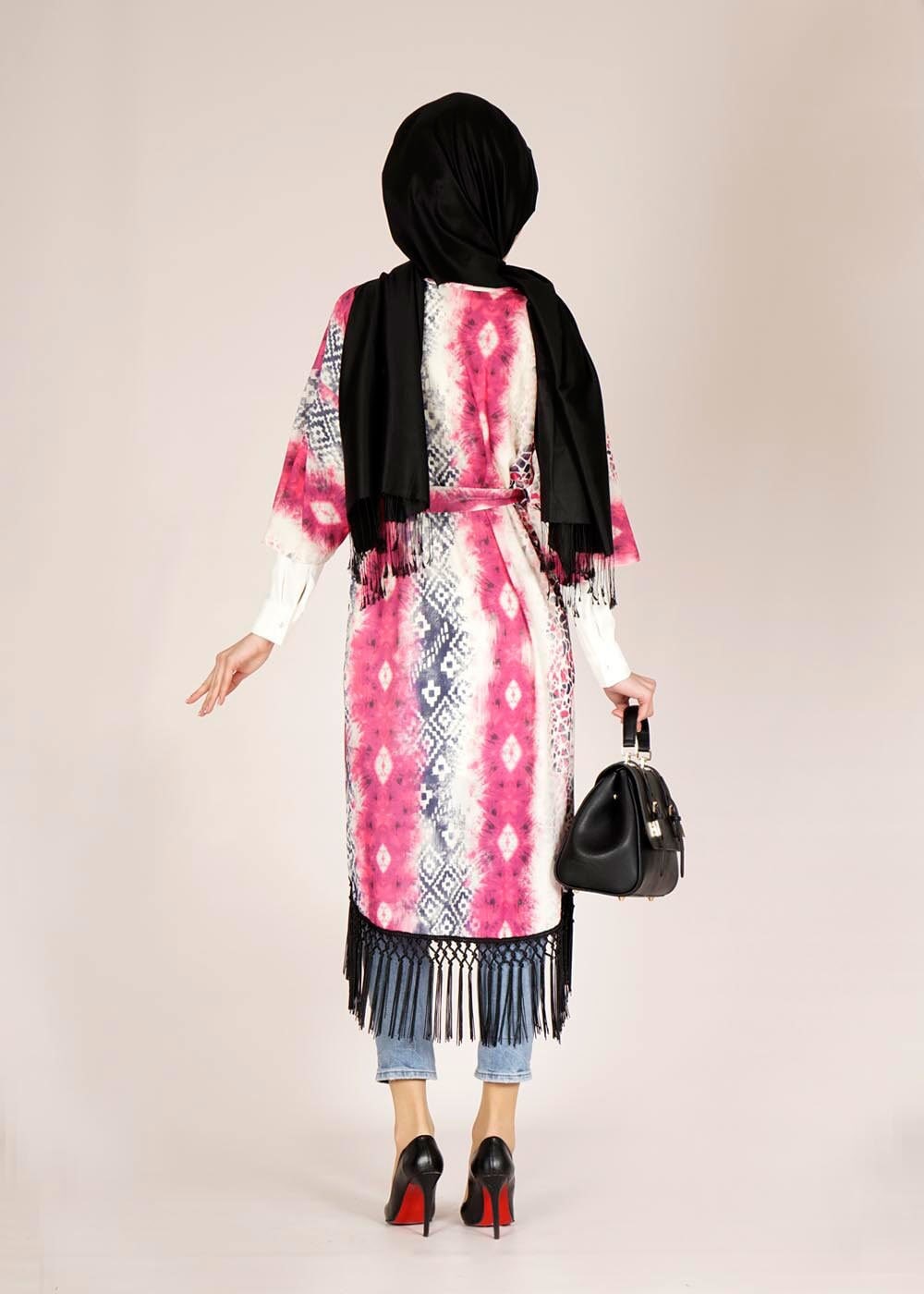 Tesettür giyim FUŞYA DESENLİ PÜSKÜLLÜ TUNİK 4584