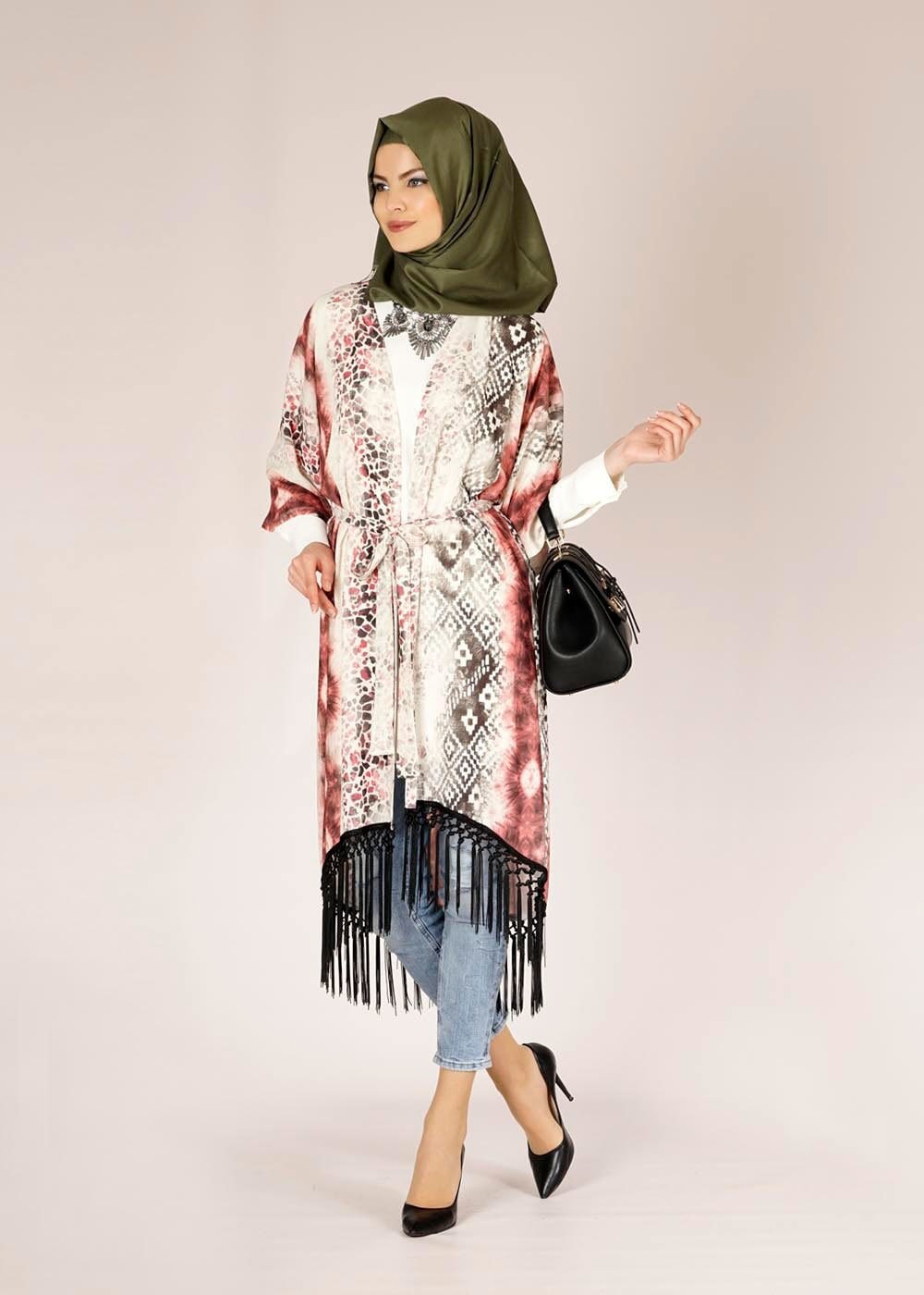 Tesettür giyim PUDRA DESENLİ PÜSKÜLLÜ TUNİK 4584