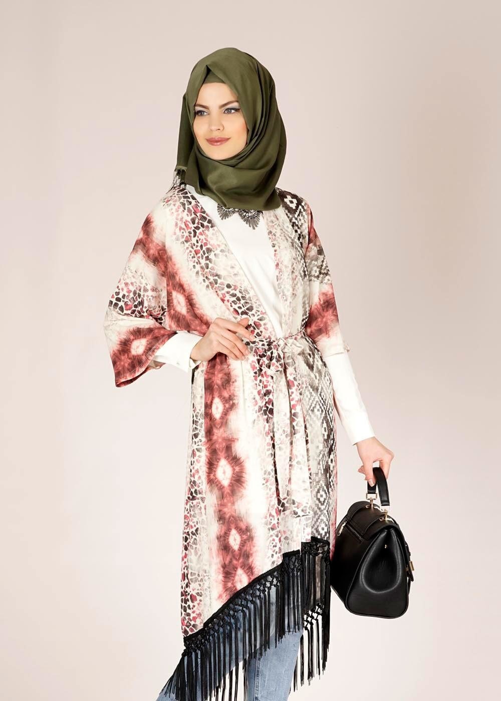 Tesettür giyim PUDRA DESENLİ PÜSKÜLLÜ TUNİK 4584