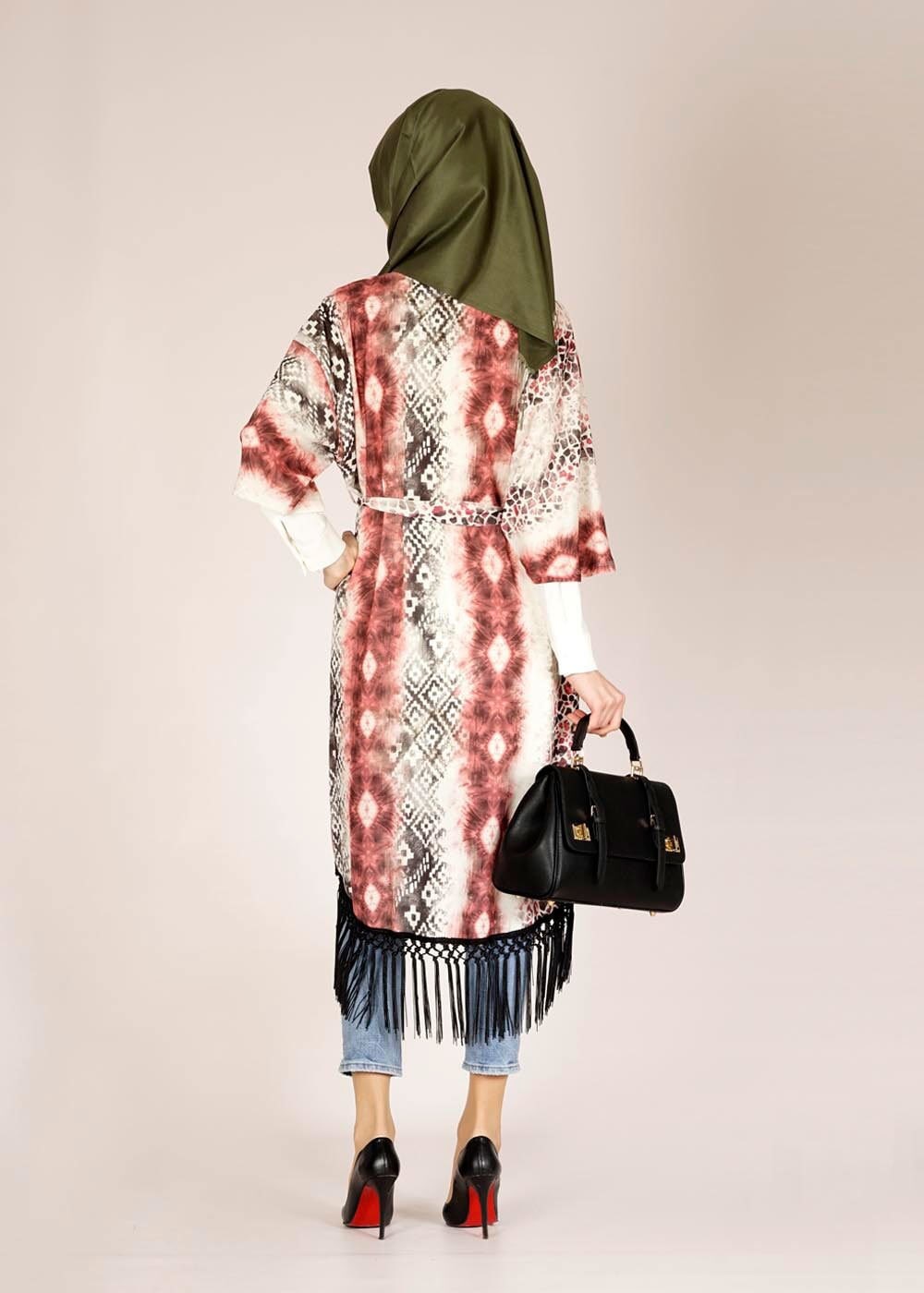 Tesettür giyim PUDRA DESENLİ PÜSKÜLLÜ TUNİK 4584