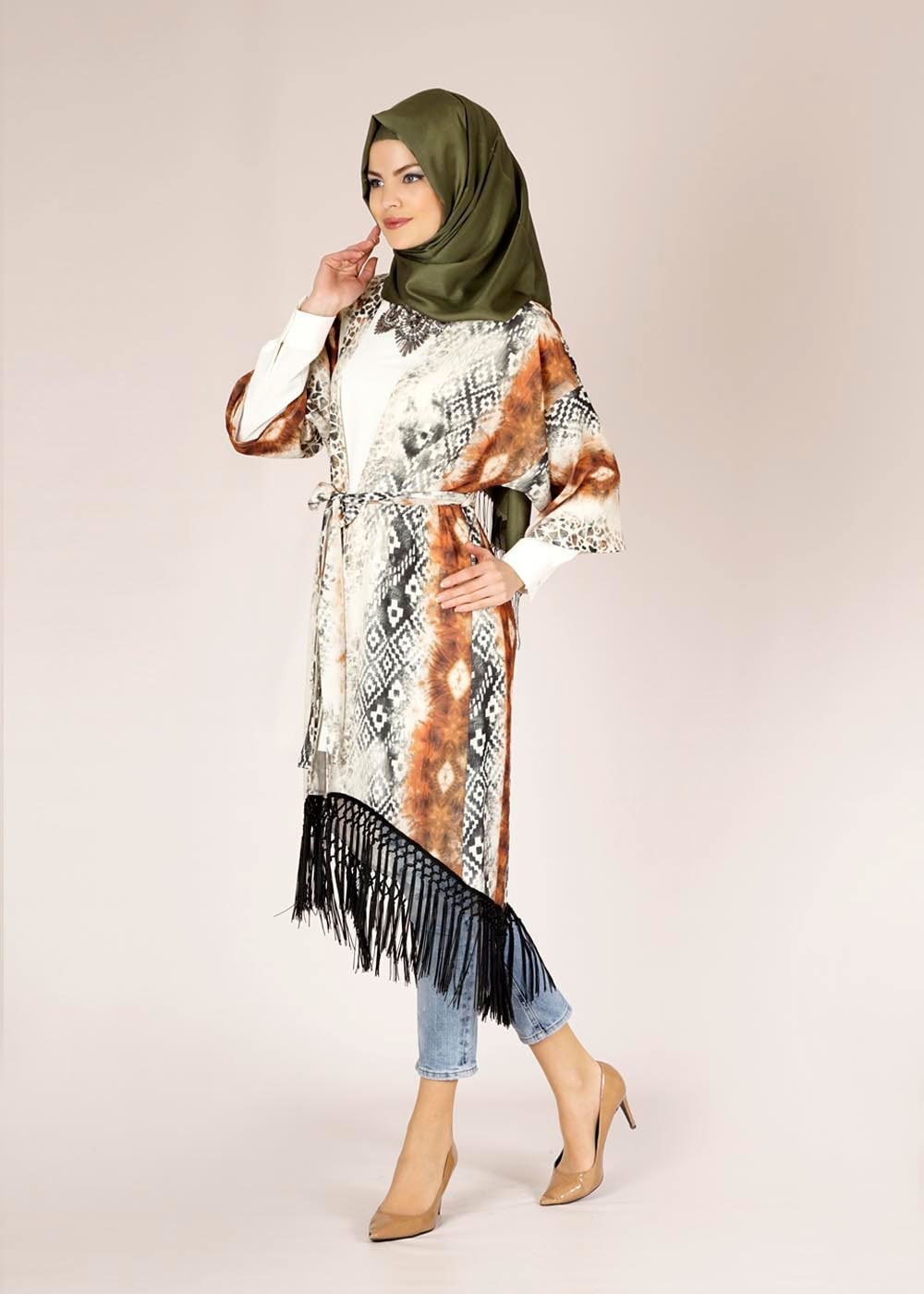 Tesettür giyim VİZON DESENLİ PÜSKÜLLÜ TUNİK 4584