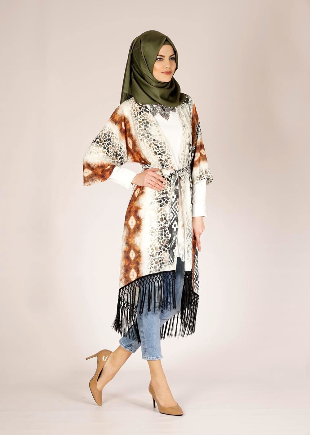 Tesettür giyim VİZON DESENLİ PÜSKÜLLÜ TUNİK 4584