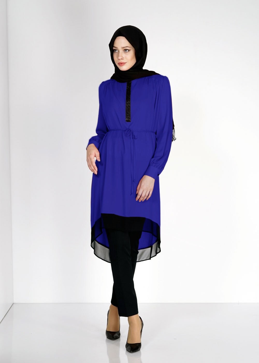Tesettür giyim LACİVERT TAŞ DETAYLI ASİMETRİK KESİM TUNİK 4606
