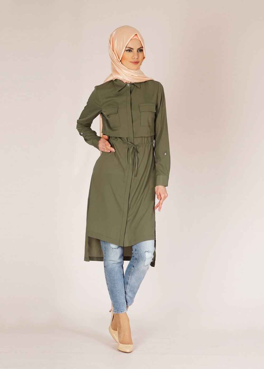 Tesettür giyim HAKİ ASİMETRİK KESİM TUNİK 4609