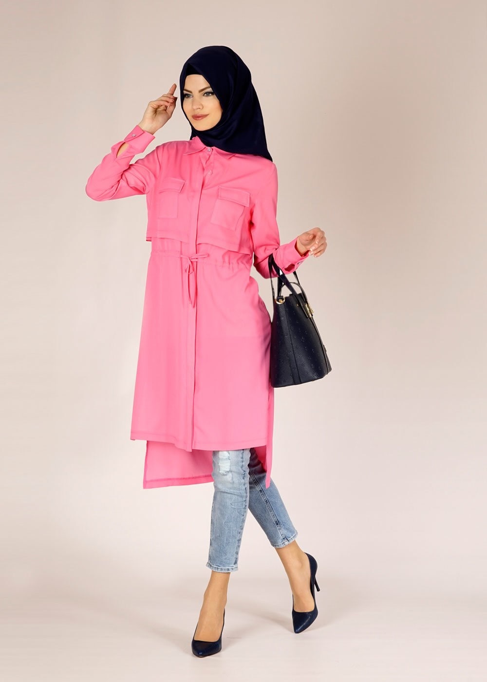 Tesettür giyim PEMBE ASİMETRİK KESİM TUNİK 4609