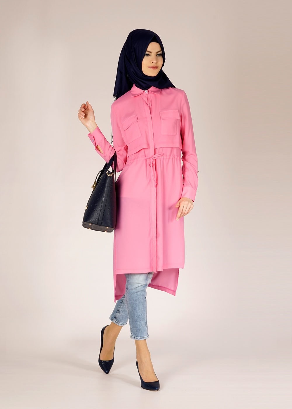 Tesettür giyim PEMBE ASİMETRİK KESİM TUNİK 4609