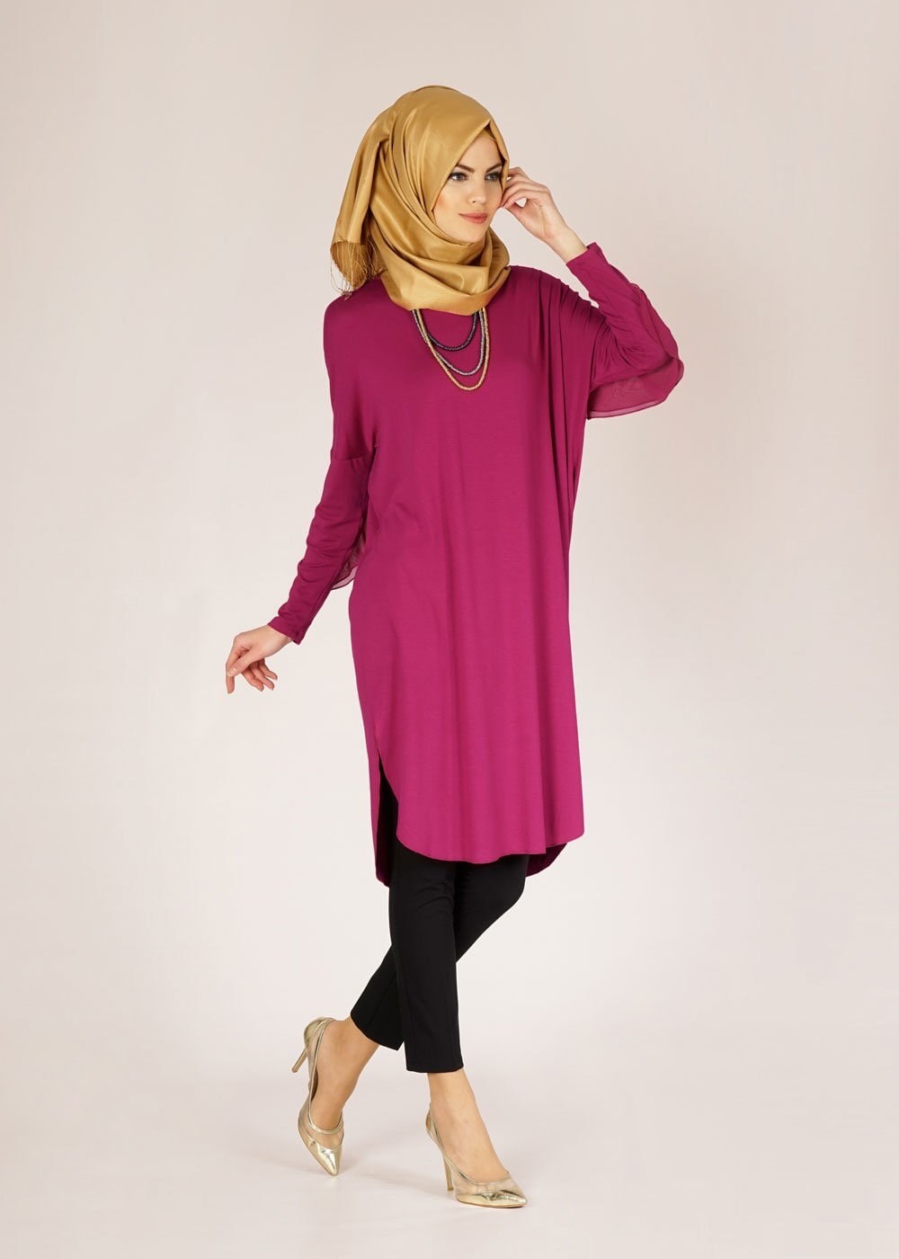Tesettür giyim FUŞYA YANI YIRTMAÇLI TUNİK 4610