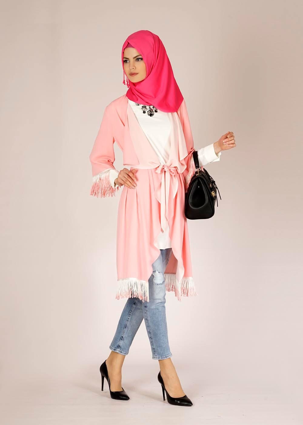 Tesettür giyim PEMBE PÜSKÜL DETAYLI TUNİK 4612