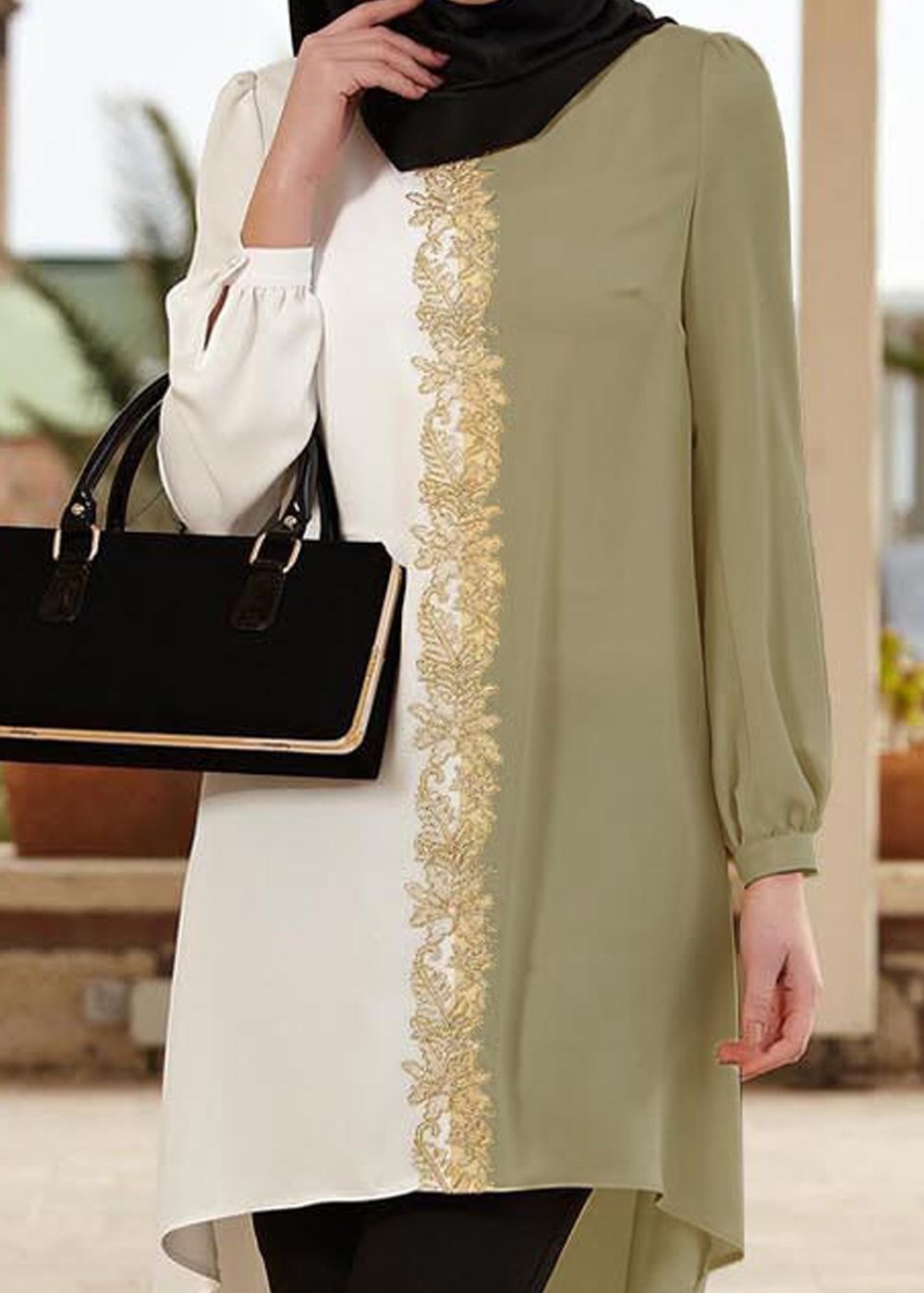 Tesettür giyim HAKİ NAKIŞ DETAYLI TUNİK 4617 