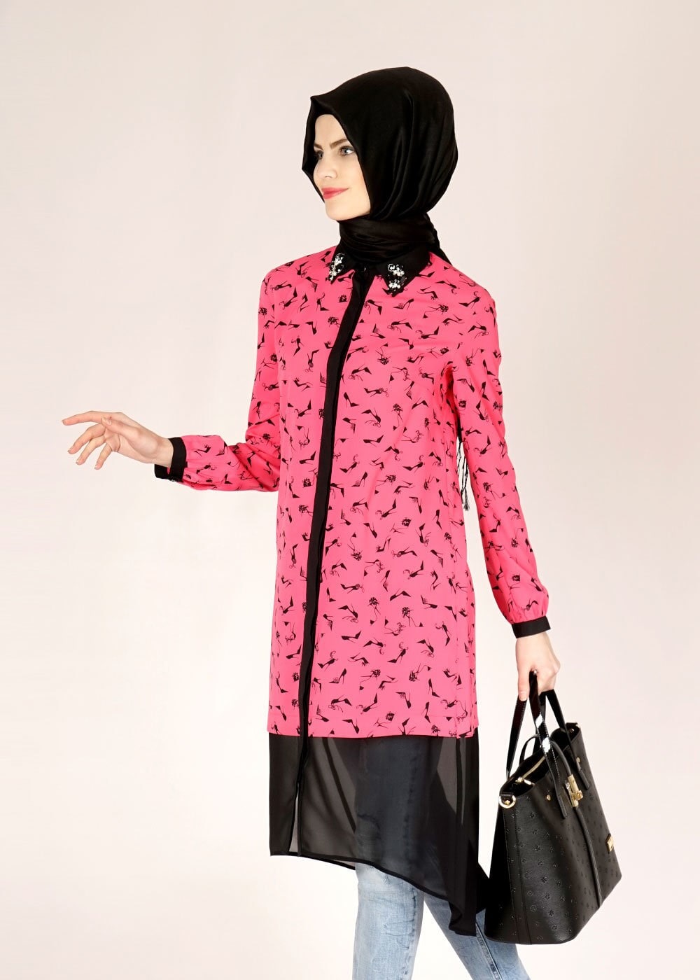 Tesettür giyim FUŞYA DESENLİ TAŞ DETAYLI TUNİK 4618