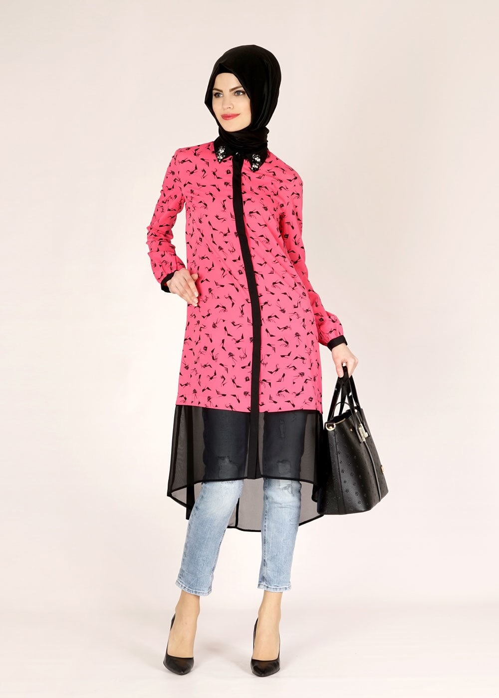 Tesettür giyim FUŞYA DESENLİ TAŞ DETAYLI TUNİK 4618