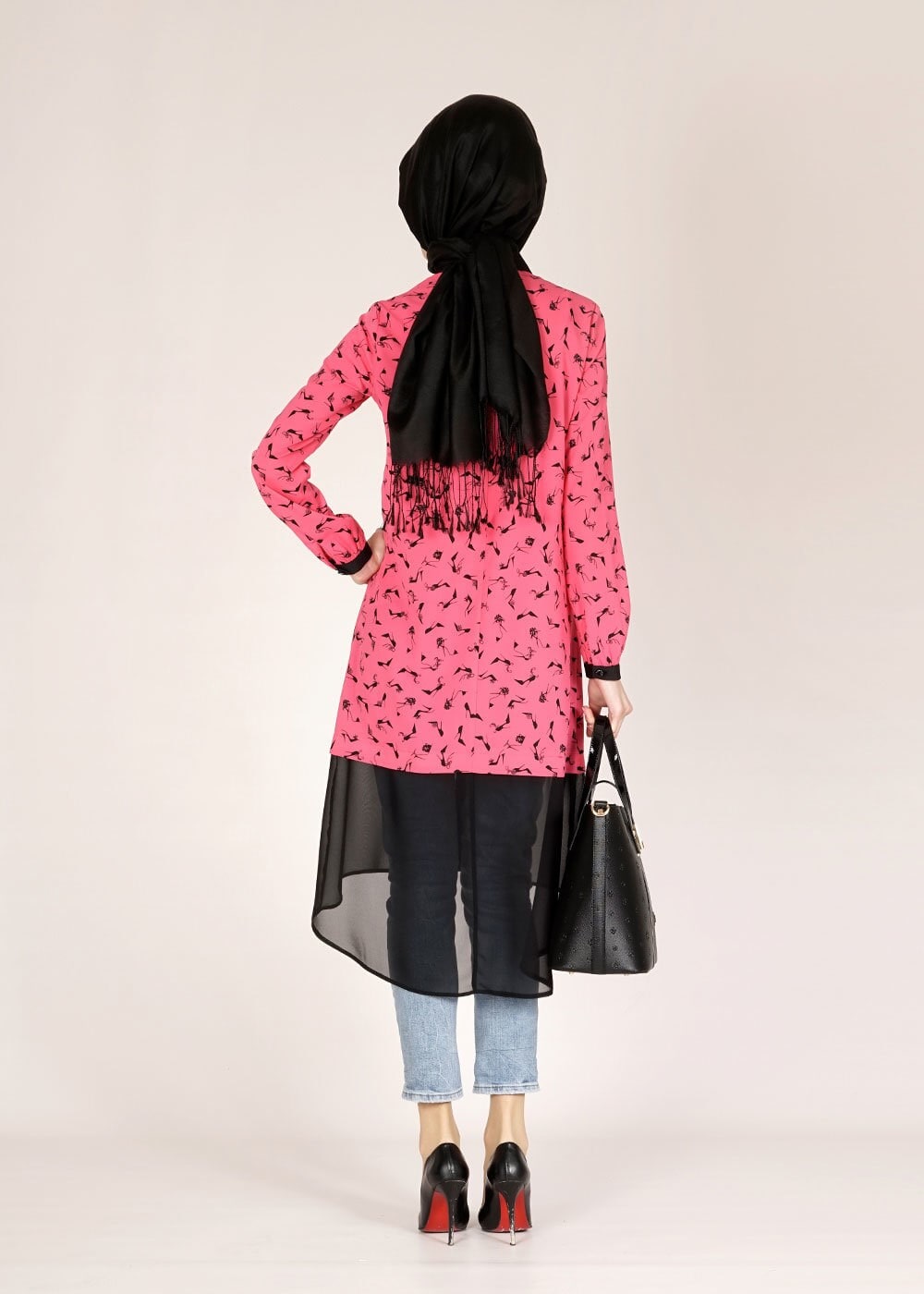 Tesettür giyim FUŞYA DESENLİ TAŞ DETAYLI TUNİK 4618