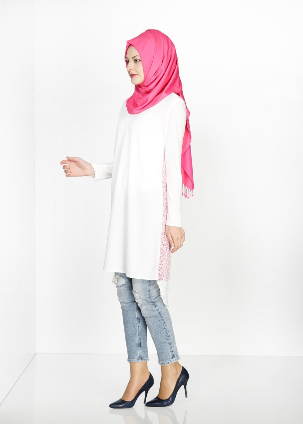 Tesettür giyim PUDRA ASİMETRİK KESİM TAŞ DÜĞME DETAYLI TUNİK 4621