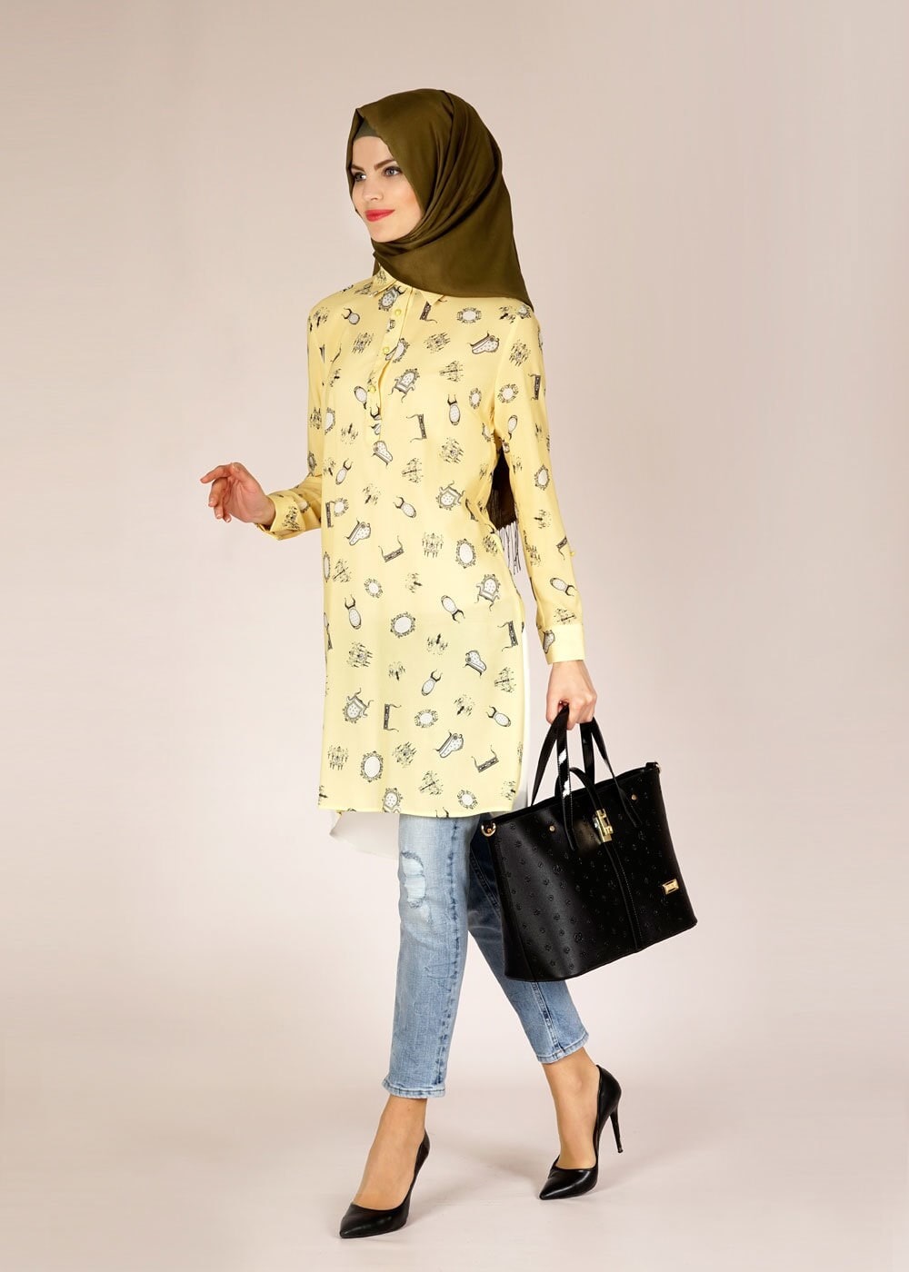 Tesettür giyim SARI DESENLİ ARKASI TÜL DETAYLI TUNİK 4624