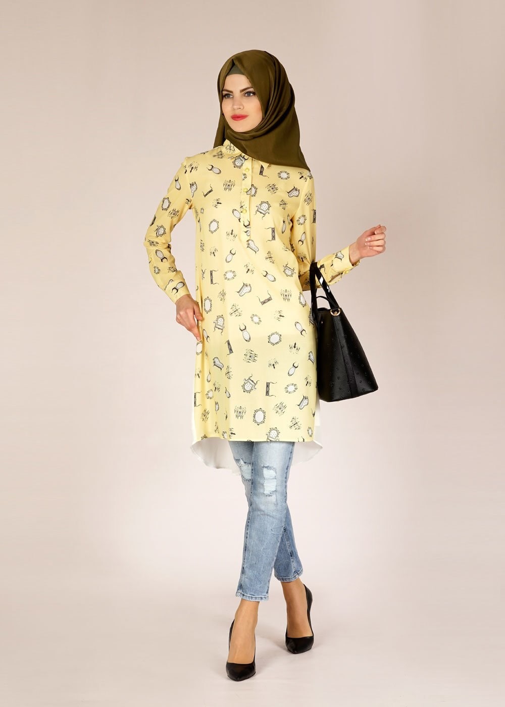 Tesettür giyim SARI DESENLİ ARKASI TÜL DETAYLI TUNİK 4624