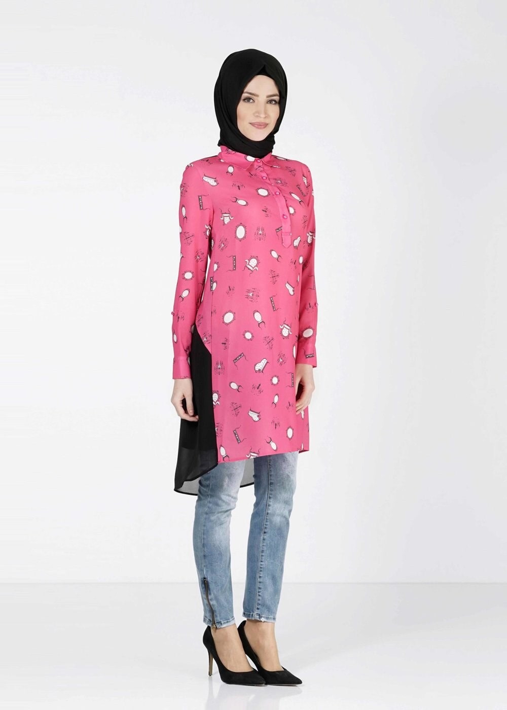 Tesettür giyim FUŞYA DESENLİ ARKASI TÜL DETAYLI TUNİK 4624