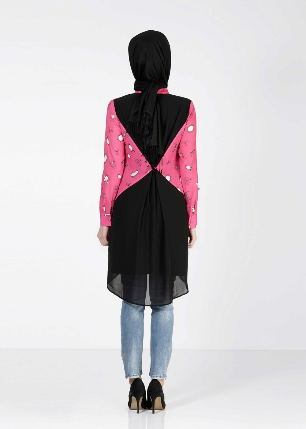 Tesettür giyim FUŞYA DESENLİ ARKASI TÜL DETAYLI TUNİK 4624