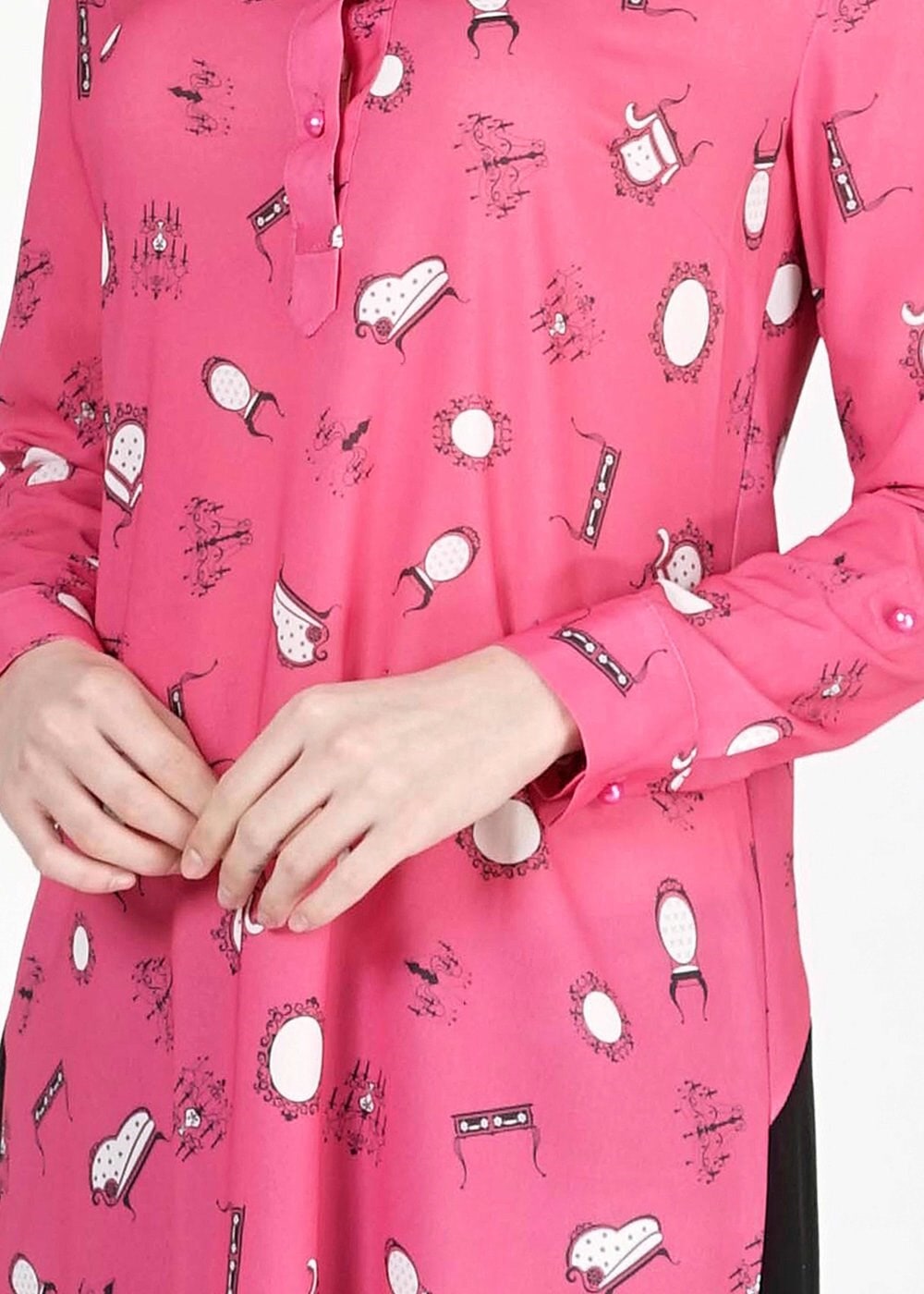 Tesettür giyim FUŞYA DESENLİ ARKASI TÜL DETAYLI TUNİK 4624