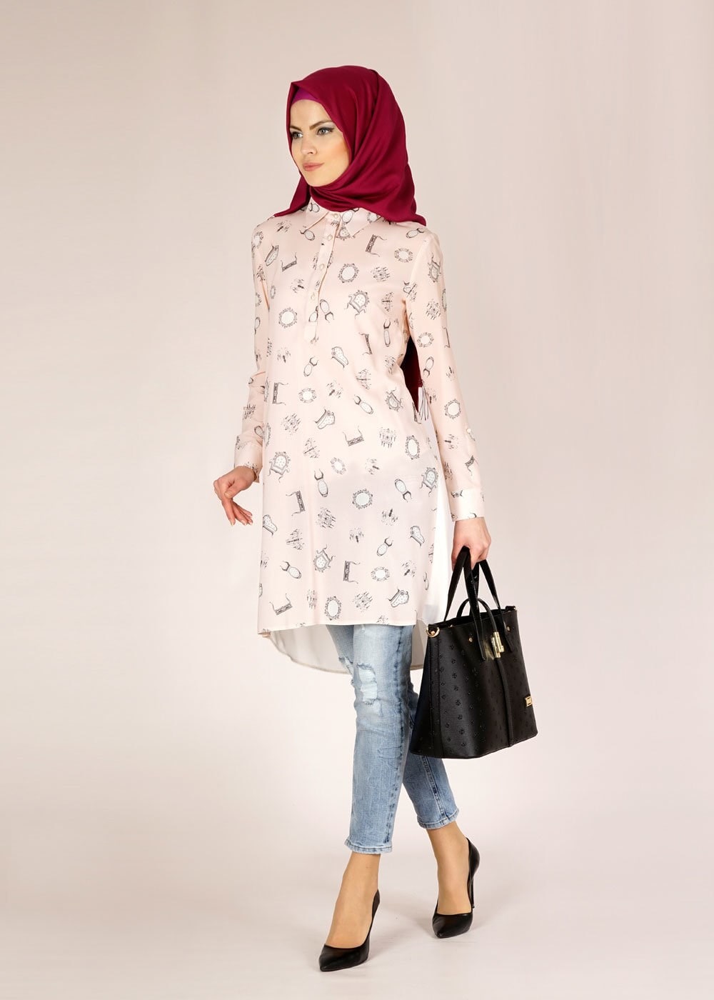 Tesettür giyim PUDRA DESENLİ ARKASI TÜL DETAYLI TUNİK 4624
