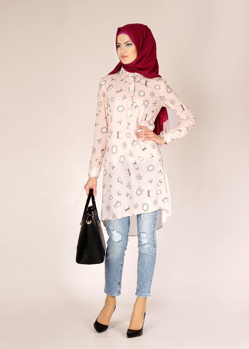 Tesettür giyim PUDRA DESENLİ ARKASI TÜL DETAYLI TUNİK 4624