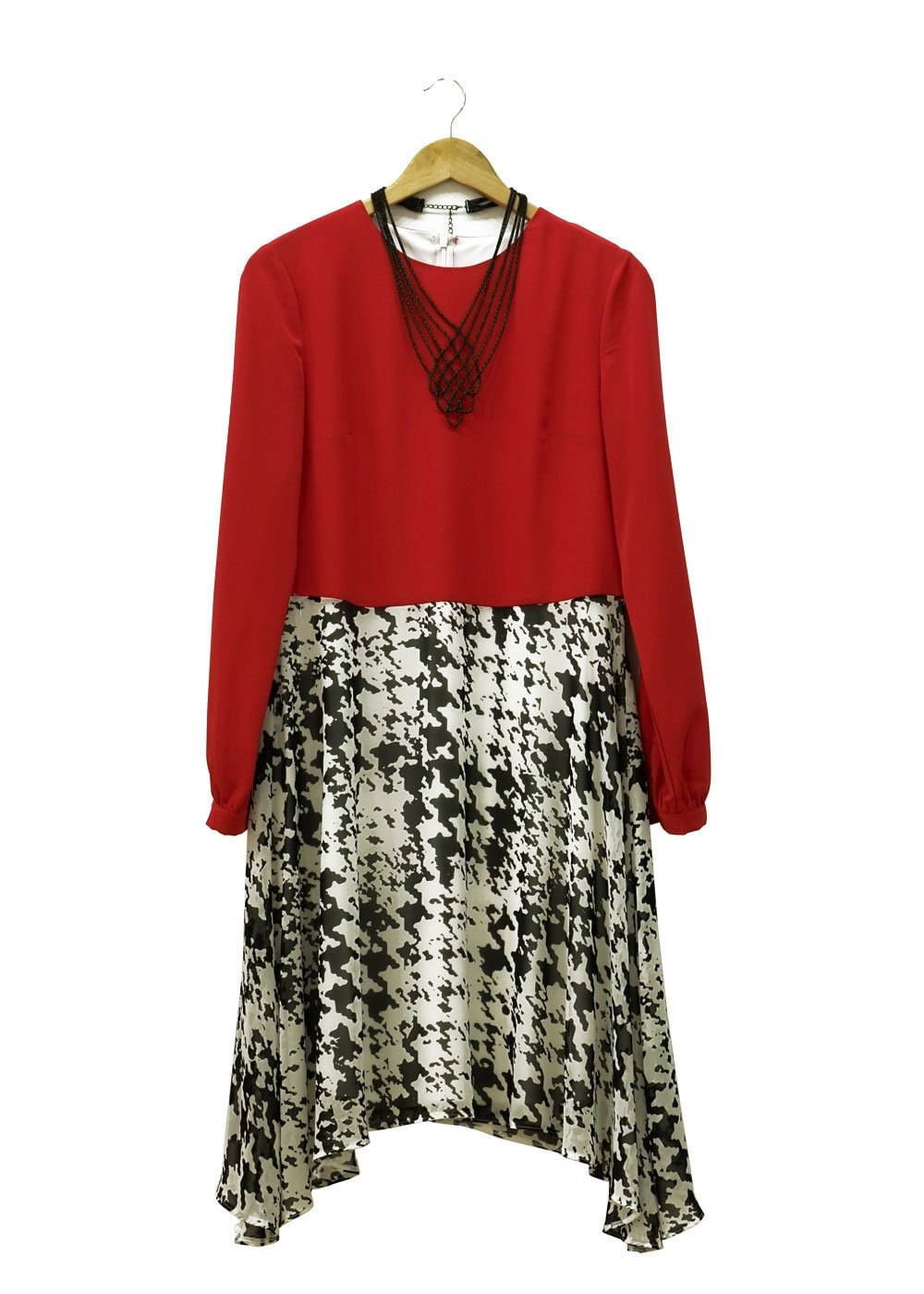 Tesettür giyim KIRMIZI ASİMETRİK KESİM DESENLİ TUNİK 4642