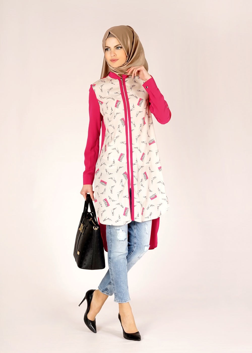 Tesettür giyim FUŞYA ASİMETRİK KESİM DESENLİ TUNİK 4646