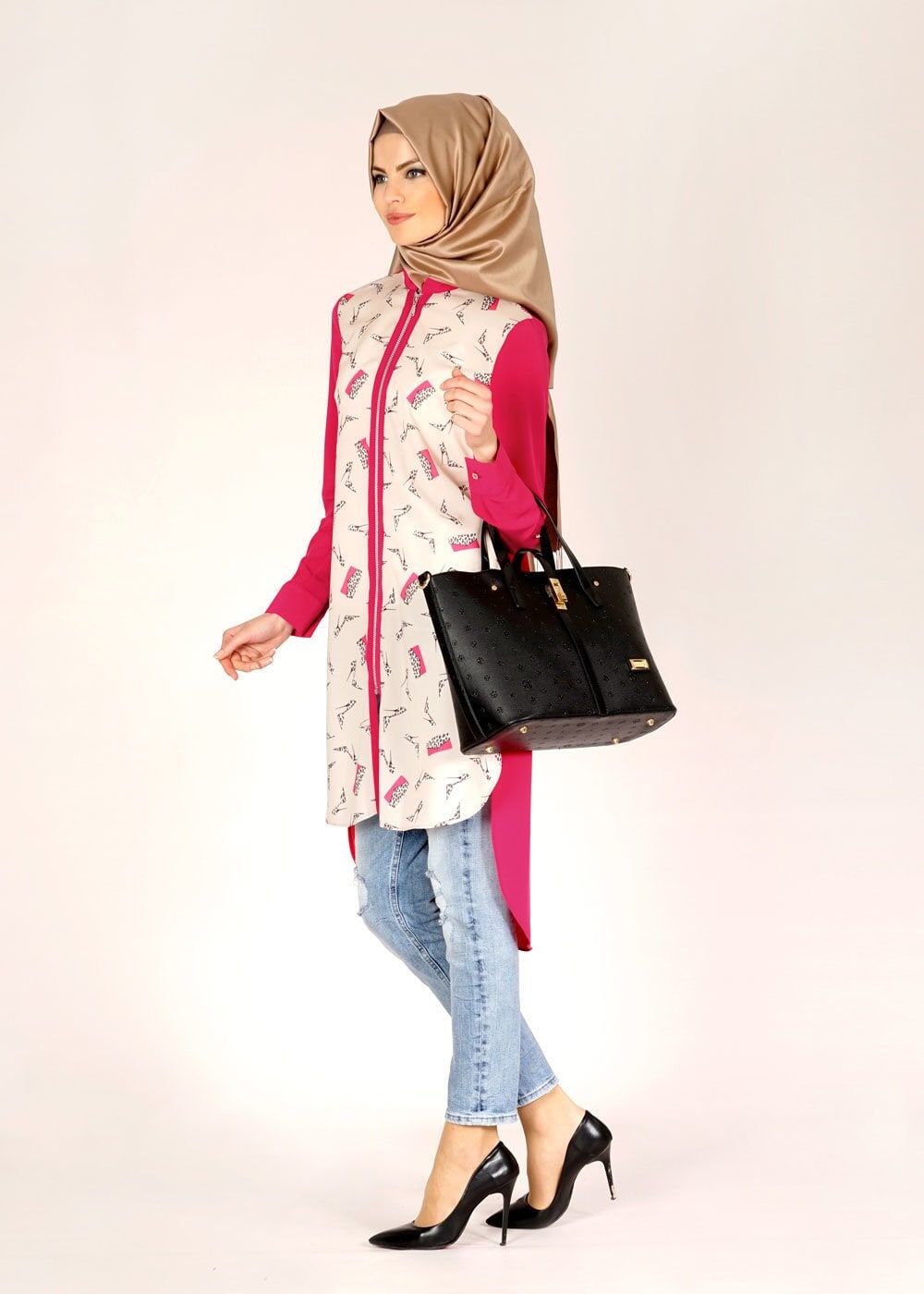 Tesettür giyim FUŞYA ASİMETRİK KESİM DESENLİ TUNİK 4646