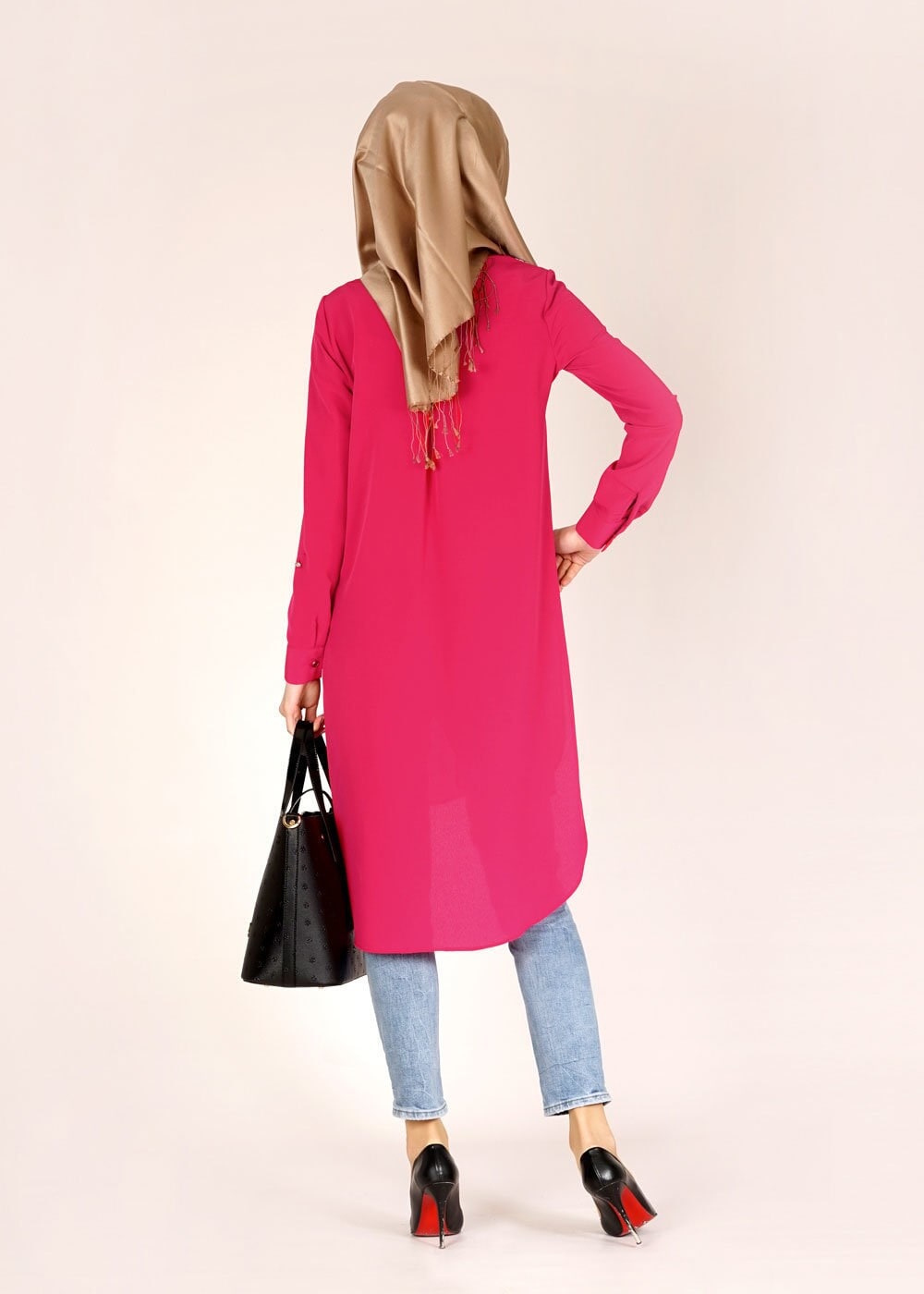 Tesettür giyim FUŞYA ASİMETRİK KESİM DESENLİ TUNİK 4646