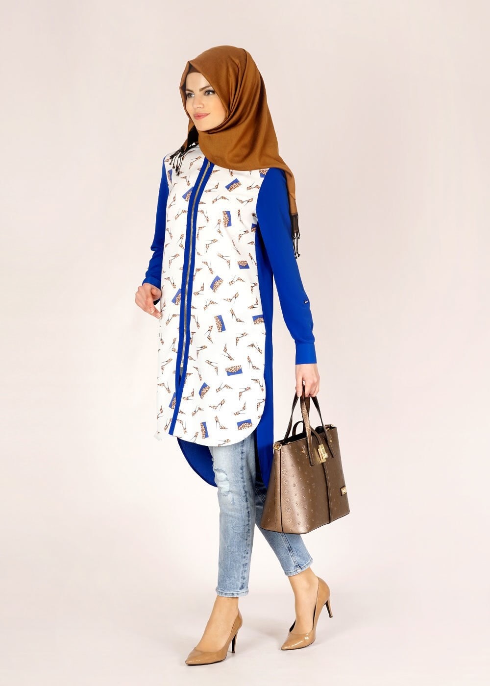 Tesettür giyim LACİVERT ASİMETRİK KESİM DESENLİ TUNİK 4646