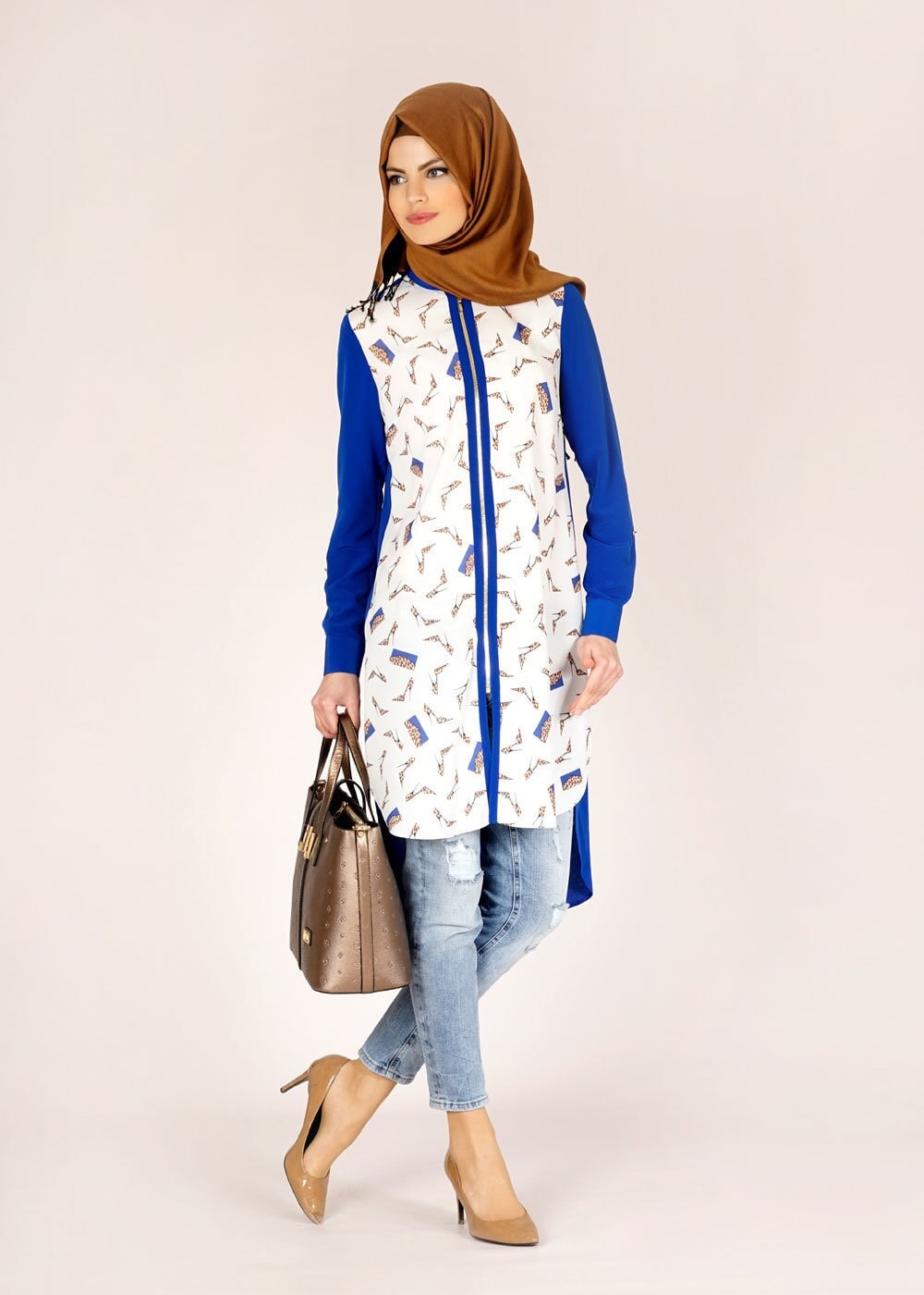 Tesettür giyim LACİVERT ASİMETRİK KESİM DESENLİ TUNİK 4646