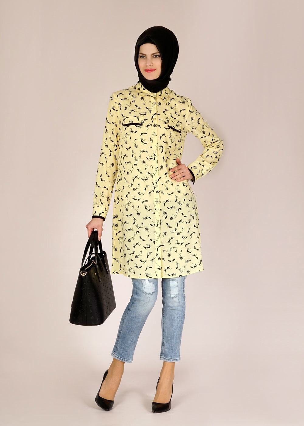 Tesettür giyim SARI DESENLİ GÖMLEK YAKA TUNİK 4681
