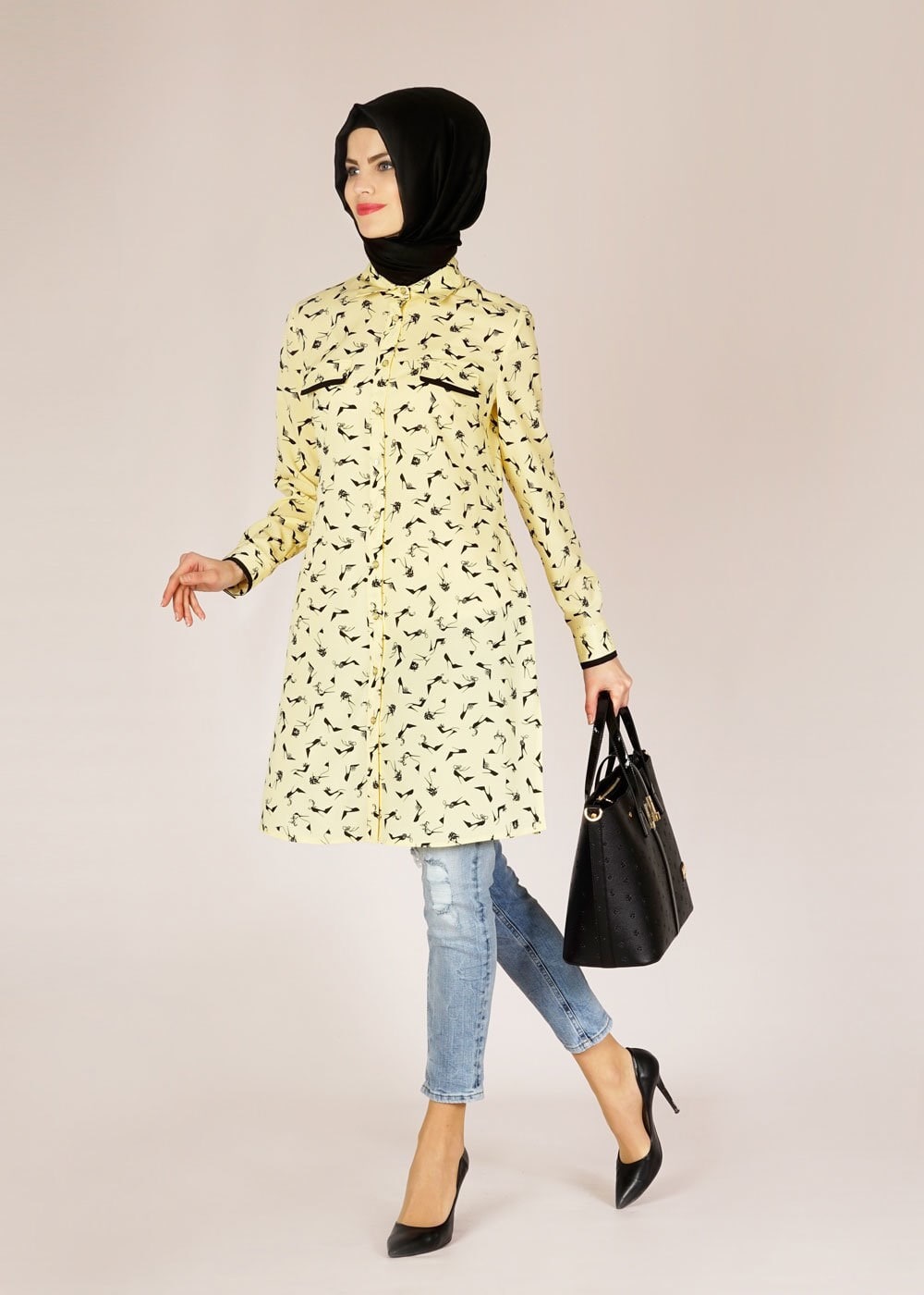 Tesettür giyim SARI DESENLİ GÖMLEK YAKA TUNİK 4681