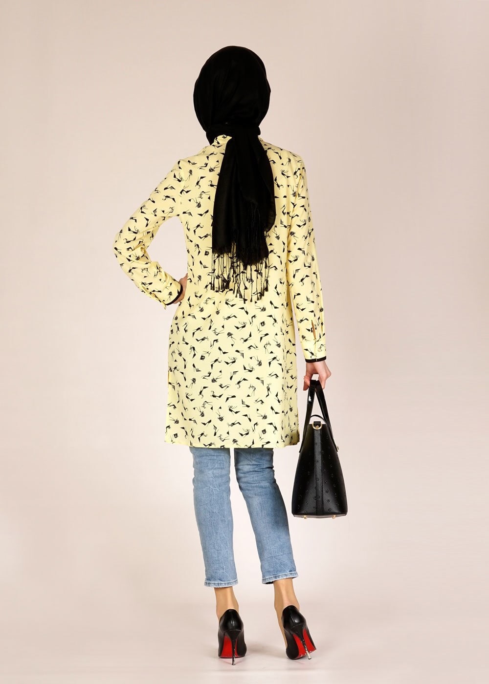 Tesettür giyim SARI DESENLİ GÖMLEK YAKA TUNİK 4681