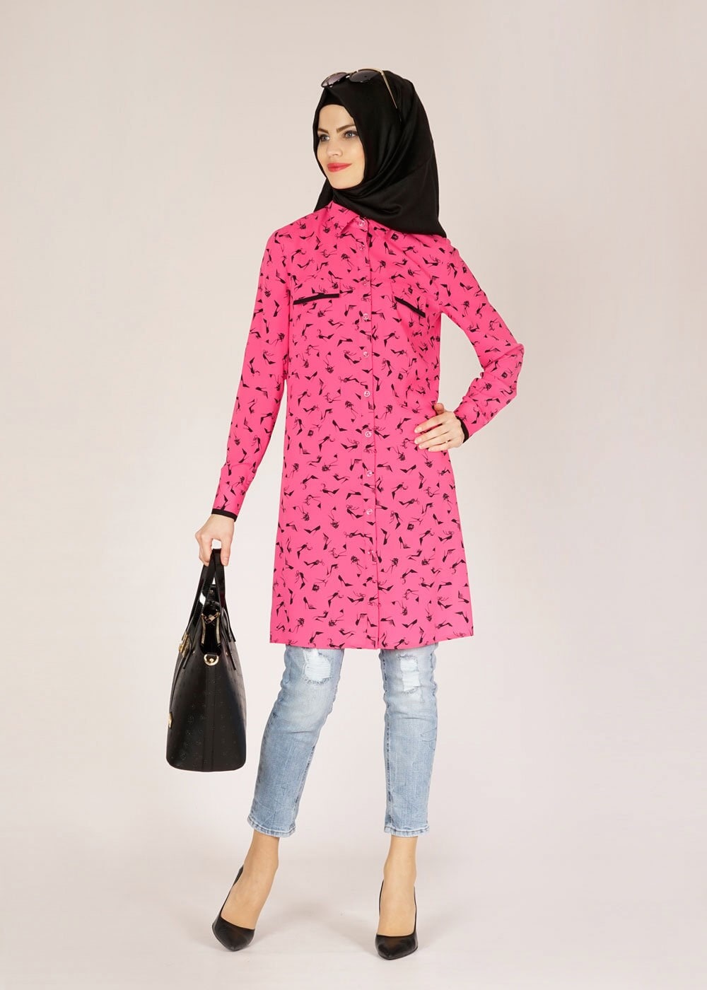 Tesettür giyim FUŞYA DESENLİ GÖMLEK YAKA TUNİK 4681