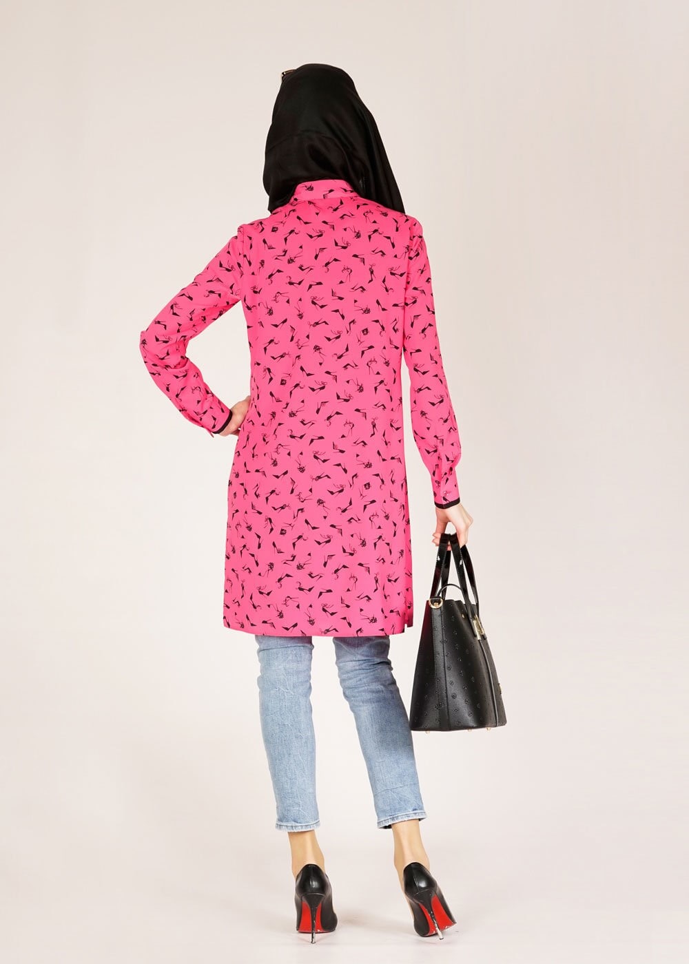 Tesettür giyim FUŞYA DESENLİ GÖMLEK YAKA TUNİK 4681