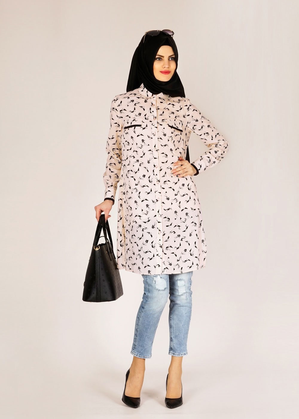 Tesettür giyim PUDRA DESENLİ GÖMLEK YAKA TUNİK 4681
