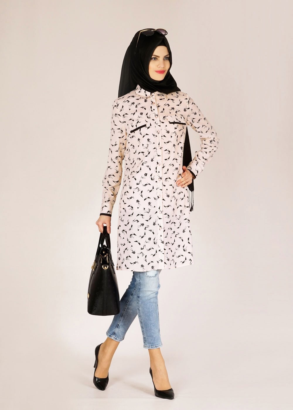 Tesettür giyim PUDRA DESENLİ GÖMLEK YAKA TUNİK 4681