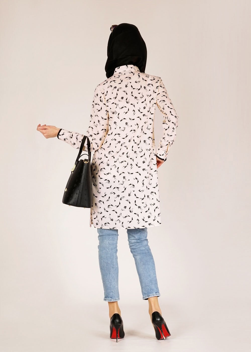 Tesettür giyim PUDRA DESENLİ GÖMLEK YAKA TUNİK 4681