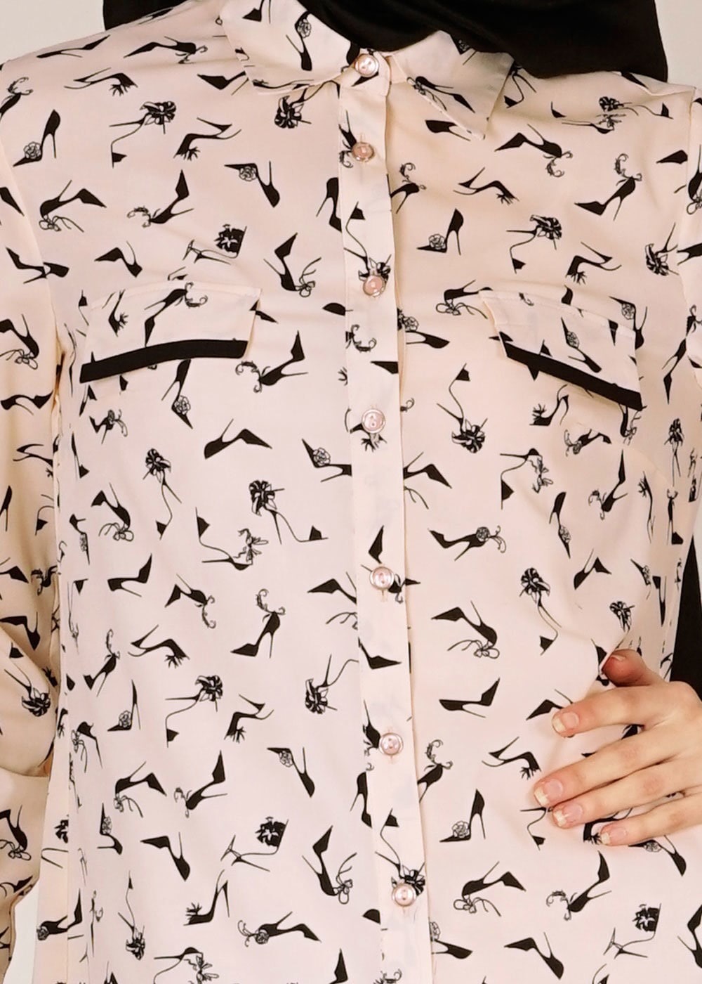 Tesettür giyim PUDRA DESENLİ GÖMLEK YAKA TUNİK 4681