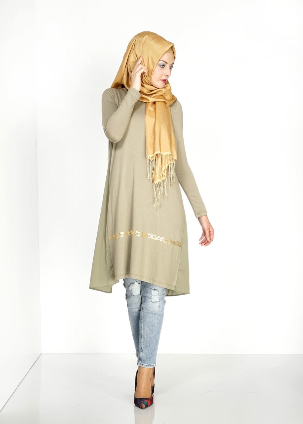 Tesettür giyim HAKİ İŞLEME DETAYLI TUNİK 4692