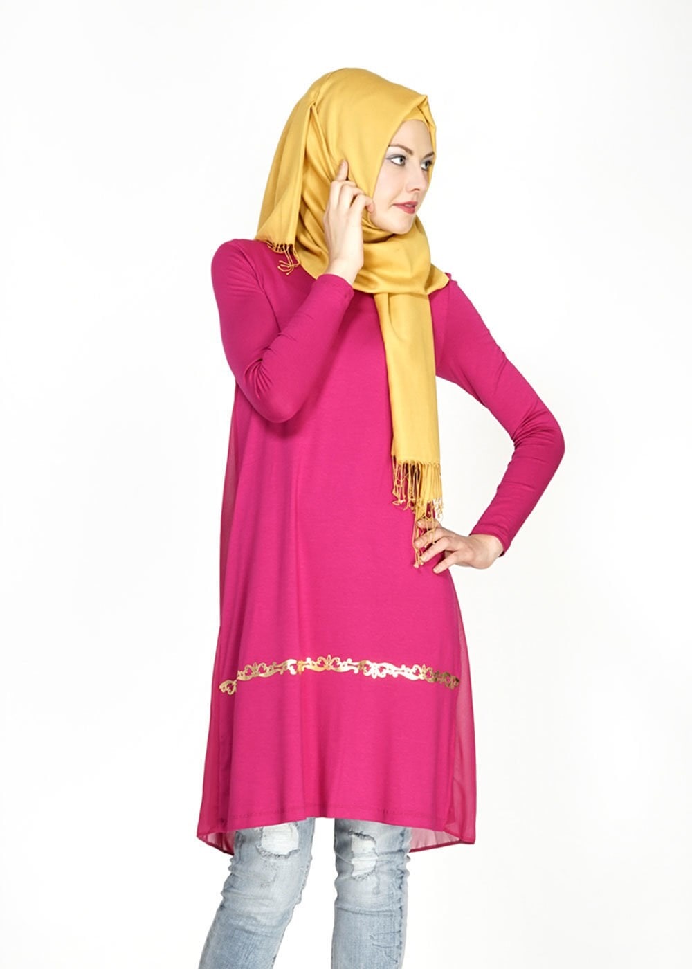 Tesettür giyim FUŞYA İŞLEME DETAYLI TUNİK 4692